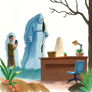 Evaluation criteria designer: Specify criteria for performance evaluation 2 A person taking a photo in a tranquil outdoor setting featuring a large statue and a desk.