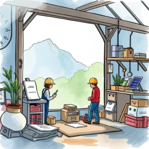 Inspection guidelines composer: Compile guidelines for inspection processes 10 Two workers in a warehouse discussing inspection guidelines indoors.