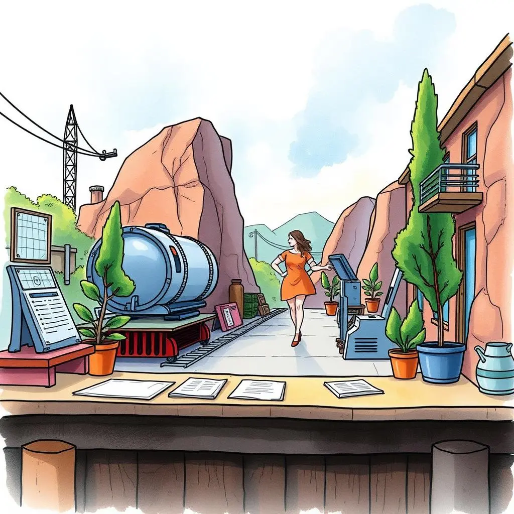 Process improvement suggestion: Offer recommendations for workflow enhancements 1 A vibrant manufacturing scene featuring a woman in an orange dress evaluating workflow enhancements in a production area.
