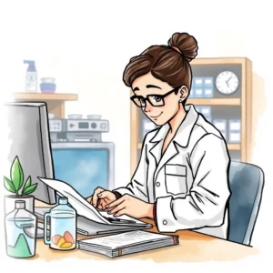 Quality control auditor analyzing data on a computer in a lab.