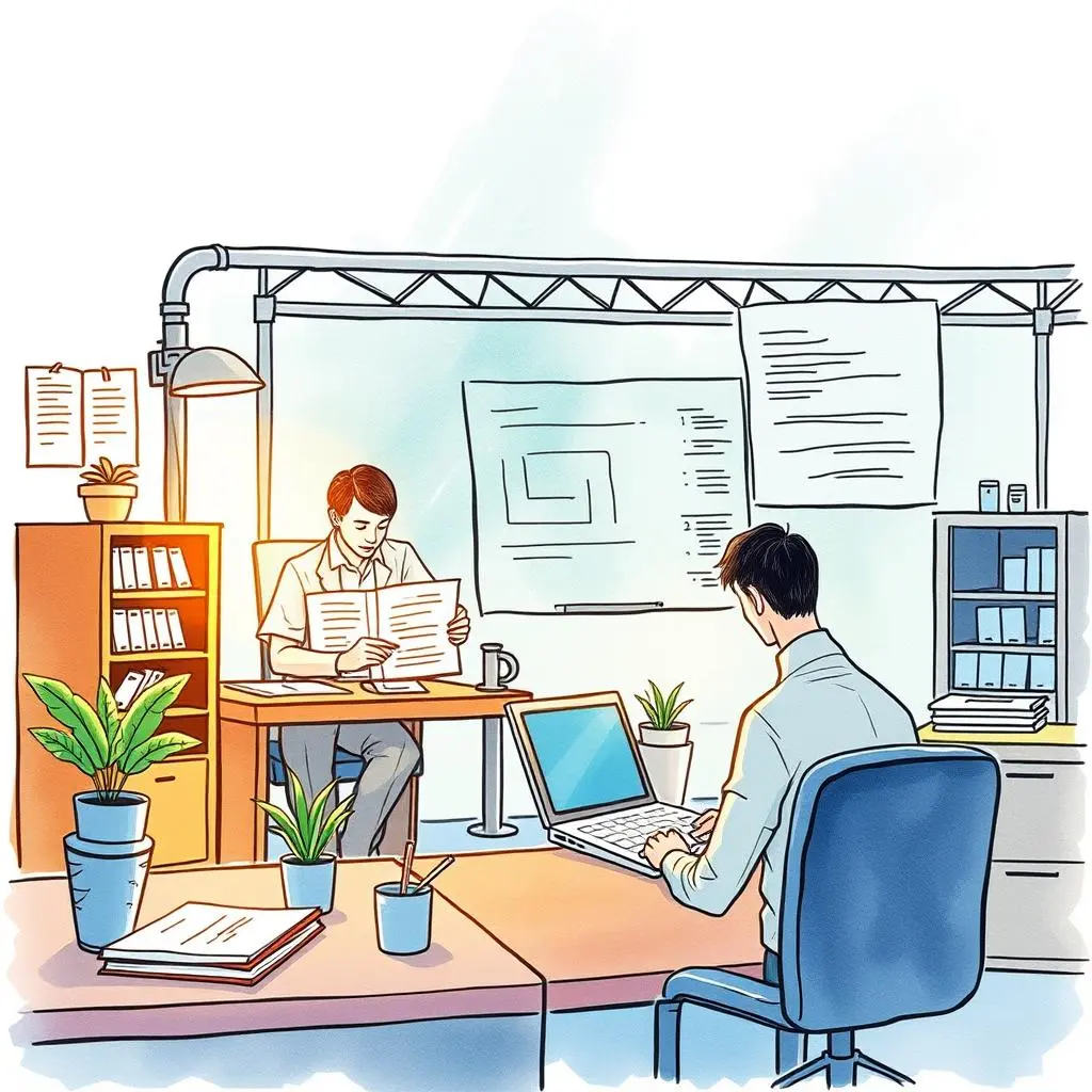 Report summary builder: Create a concise overview of audit findings 1 A quality control auditor reviewing documents in an office setting with a colleague at a computer.