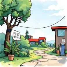 A serene manufacturing environment with pathways and buildings for process auditing.