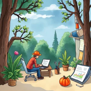 A person analyzes efficiency metrics using a laptop in a serene outdoor workspace surrounded by greenery.