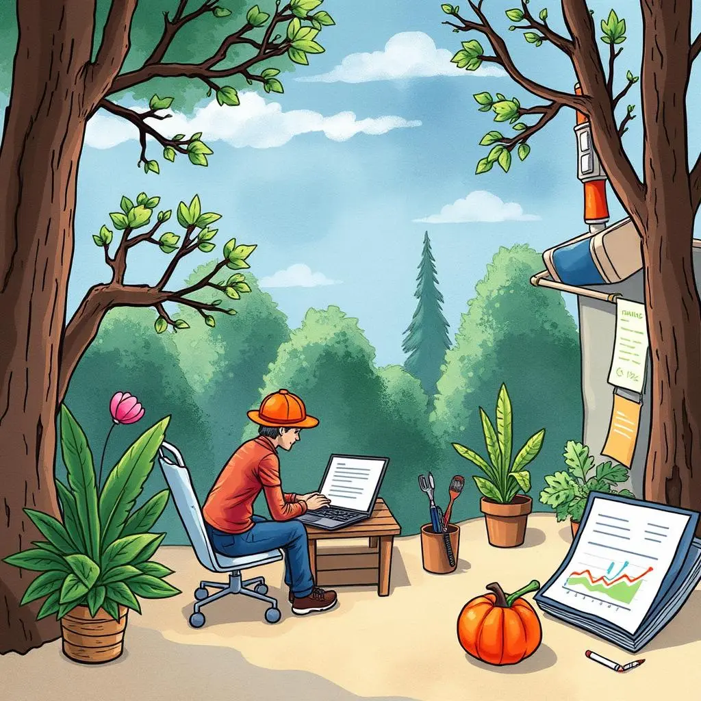 Efficiency metrics analyzer: Generate analytical reports on efficiency metrics 1 A person analyzes efficiency metrics using a laptop in a serene outdoor workspace surrounded by greenery.