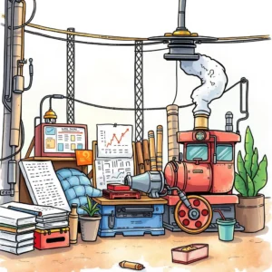 Operational Metrics Synthesizer tool in a vibrant workspace with machinery and documents representing process analytics