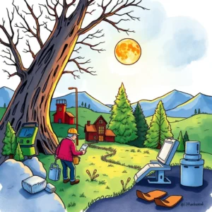 Engineer reviewing data outdoors, surrounded by tools and nature.