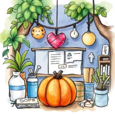 A vibrant workspace scene featuring a pumpkin, potted plants, and SOP documents, symbolizing process improvement.