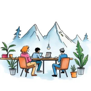 Stakeholders collaborating in a bright meeting space with mountains in the background.