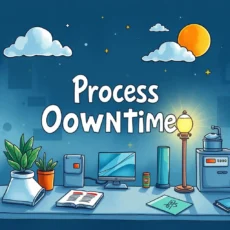 Process optimization workspace with plants, tools, and a computer depicting downtime analysis tool.