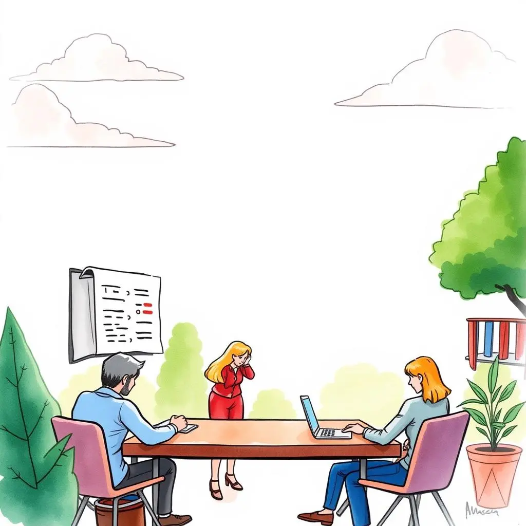 Engagement summary generator: Create concise summaries of stakeholder interactions 1 Professionals discussing stakeholder engagement around a collaborative table outdoors.