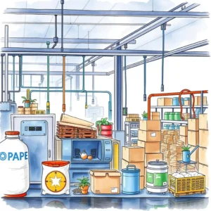 Lean Manufacturing Process Visualizer in a warehouse setting with storage and equipment.
