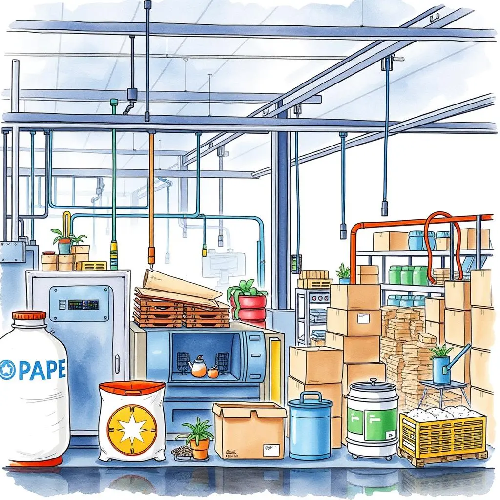 Lean manufacturing process visualizer: Illustrate waste reduction strategies through simulation 1 Lean Manufacturing Process Visualizer in a warehouse setting with storage and equipment.