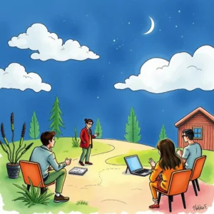 Group discussing stakeholder participation trends in a serene outdoor setting.