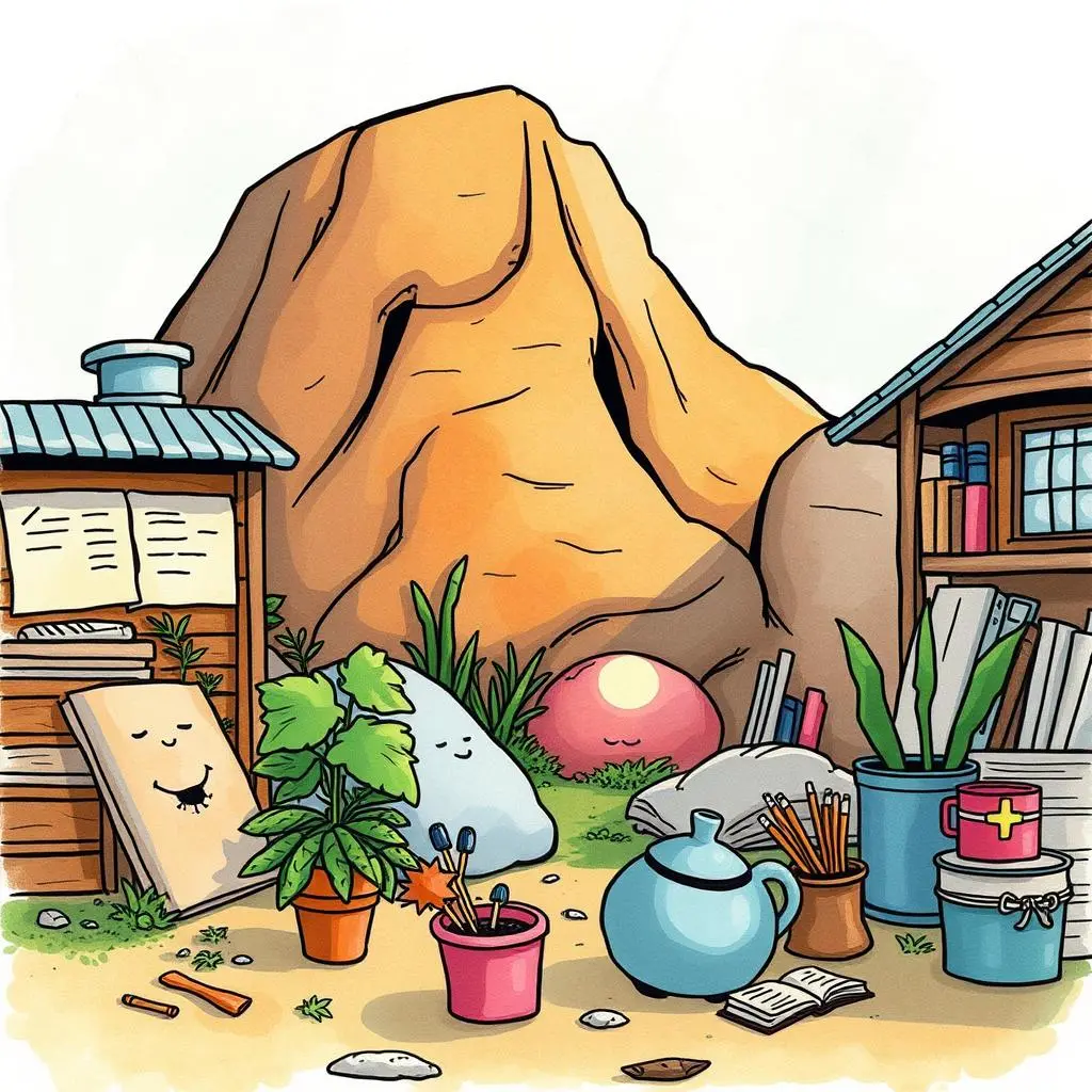 Pdsa cycle facilitator: Assist in plan-do-study-act workflows@ 1 A vibrant illustration depicting a creative workspace with tools, plants, and a large rock background