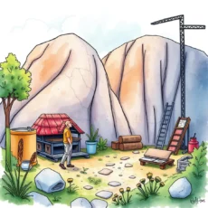 A person analyzing a site amidst rocks, tools, and materials for a problem breakdown tool.