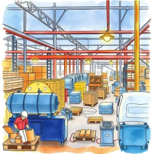 Process design toolkit: Create and refine production process diagrams 2 A busy manufacturing warehouse with a worker unpacking boxes and various equipment in view.