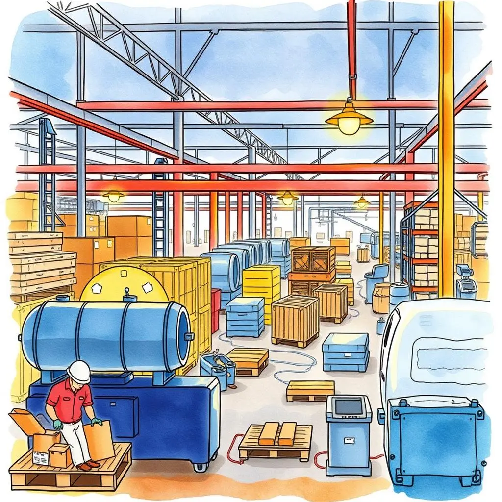 Process design toolkit: Create and refine production process diagrams 1 A busy manufacturing warehouse with a worker unpacking boxes and various equipment in view.