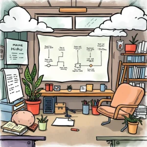 Cozy workspace featuring process mapping tools and visual aids.