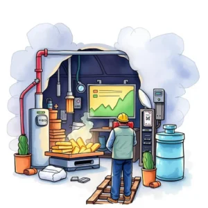 Worker analyzing data trends in a process optimization environment.