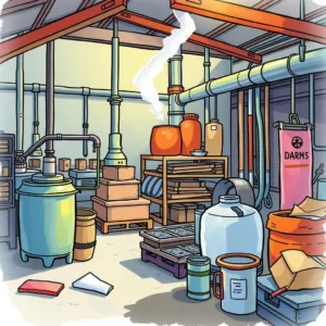 A vibrant production facility scene illustrating equipment and storage for process optimization activities.