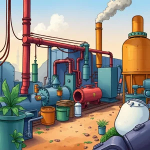 Industrial setting with machinery illustrating operational scenario creation for process optimization.