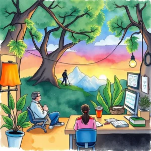 A stakeholder evaluating concerns with a scenic backdrop of mountains.