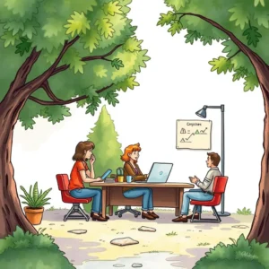 Stakeholder Opinion Harvester team collaborating in an outdoor meeting setting with a presentation chart.
