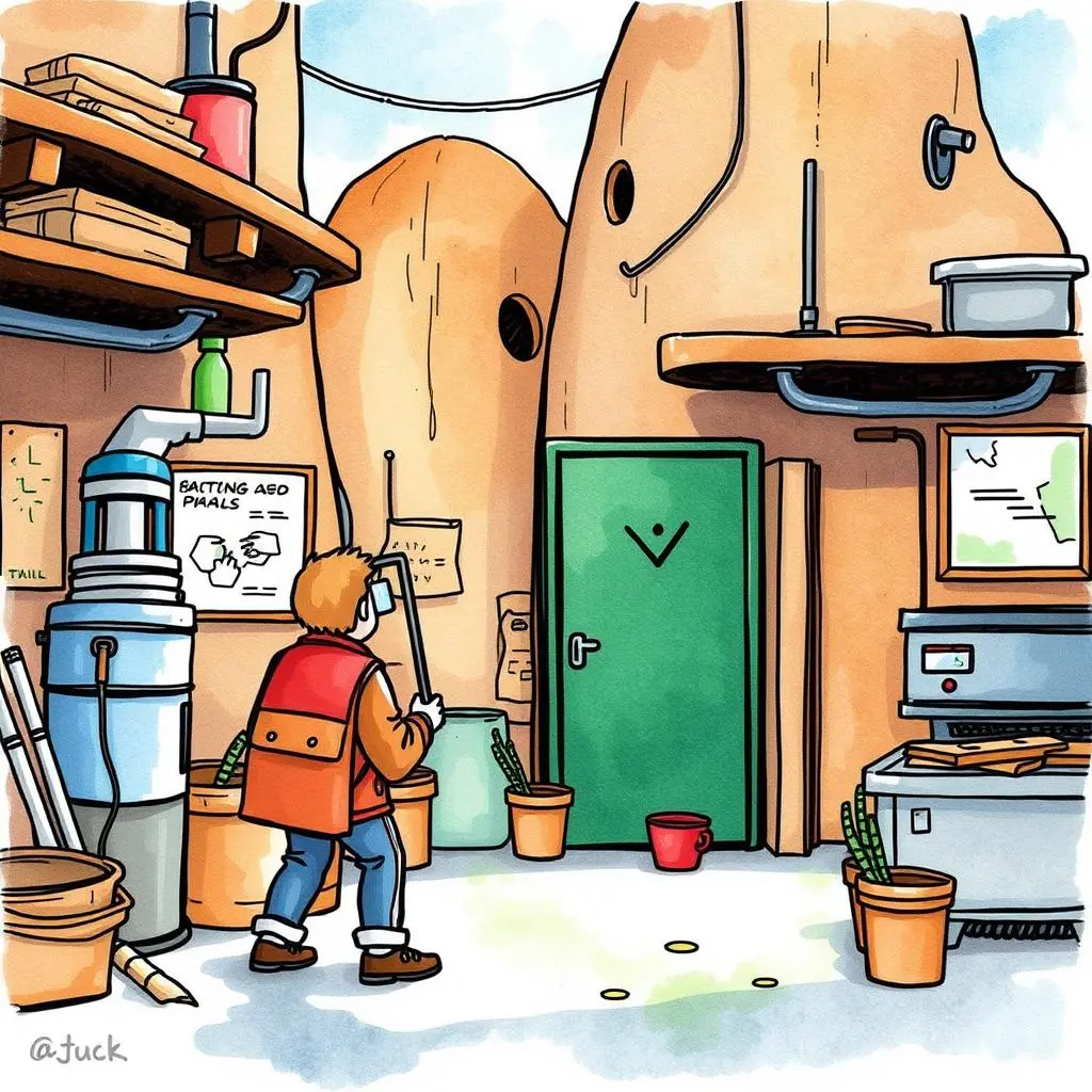 Task flow experimenter: Test workflow modifications for productivity improvements 1 A person holding a tool stands in a colorful workshop with plants and equipment around them.