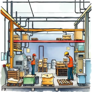 Task sequence designer: Arrange tasks for optimal workflow execution 1 A busy manufacturing warehouse illustrating workers optimizing task sequences for production efficiency.