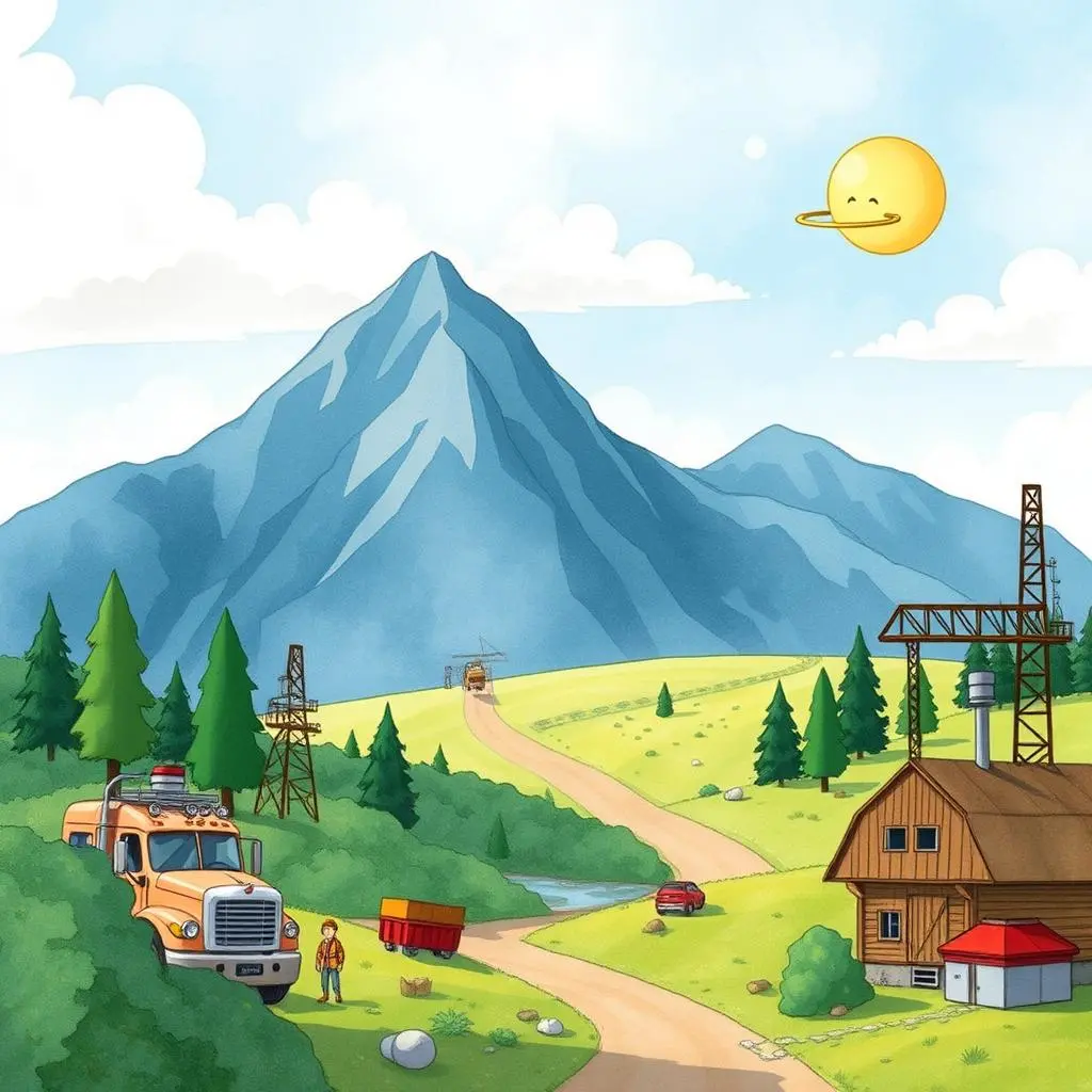Workflow status summarizer: Provide concise updates on production flow 1 A scenic view of a mountain landscape featuring a work truck, a cabin, and a winding road.