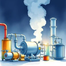 Industrial process system with pipes, tanks, and steam emissions.