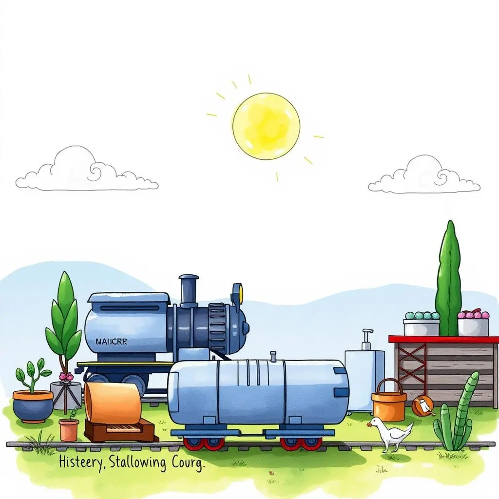 Process assessment tool: Evaluate efficiency of current operations 1 A whimsical illustration of a blue steam engine with a tank on a railway, surrounded by plants and a bright sun.