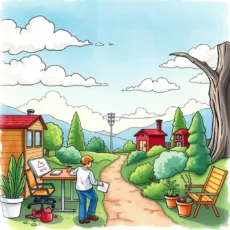 Person outlining processes in a serene outdoor setting with trees and buildings.