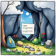 A serene cave scene with a process validation report surrounded by whimsical items and greenery