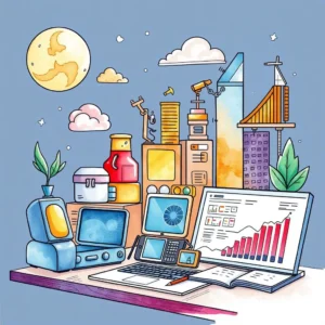 Market insight analyzer: Generate key market trend summaries 5 Analyzing market trends with digital tools in a vibrant workspace illustration