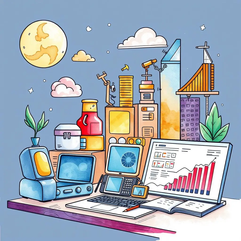 Market insight analyzer: Generate key market trend summaries 1 Analyzing market trends with digital tools in a vibrant workspace illustration