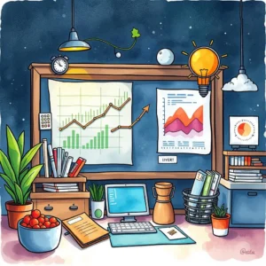 Data interpretation guide: Translate complex performance data into insights 3 A workspace filled with charts, graphs, and productivity tools for data interpretation analysis