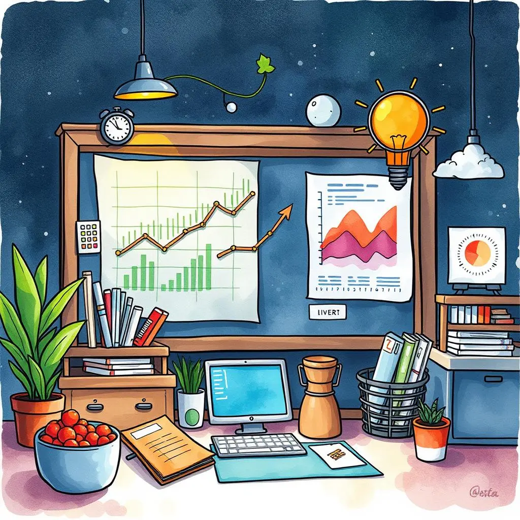 Data interpretation guide: Translate complex performance data into insights 1 A workspace filled with charts, graphs, and productivity tools for data interpretation analysis