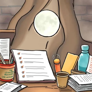 Moonlit workspace with documents, tools, and notes for process documentation enhancement