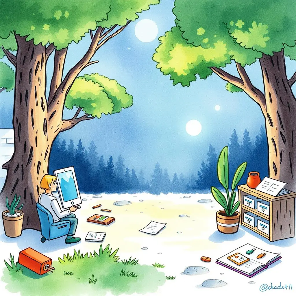 A person sitting with a tablet in a serene outdoor setting, surrounded by trees, papers, and a plant.