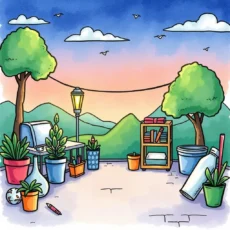 A serene outdoor scene with plants, furniture, and a sunset backdrop.