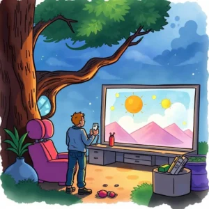 Improvement report generator: Provide actionable recommendations for performance enhancements 4 A person using a mobile device in front of a colorful digital screen showcasing a serene landscape.