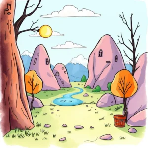 A serene landscape featuring unique rock formations, a winding river, and colorful trees.