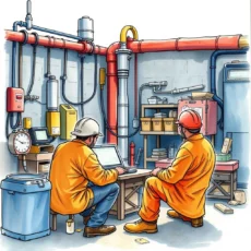 Engineers collaborating on a laptop in an industrial setting with pipes and equipment.