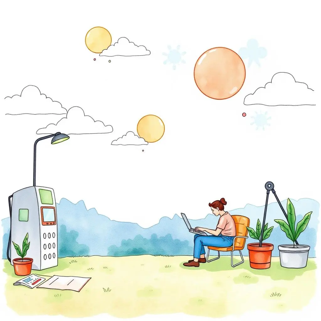 Person sitting outside with a laptop, surrounded by plants and sunny skies.