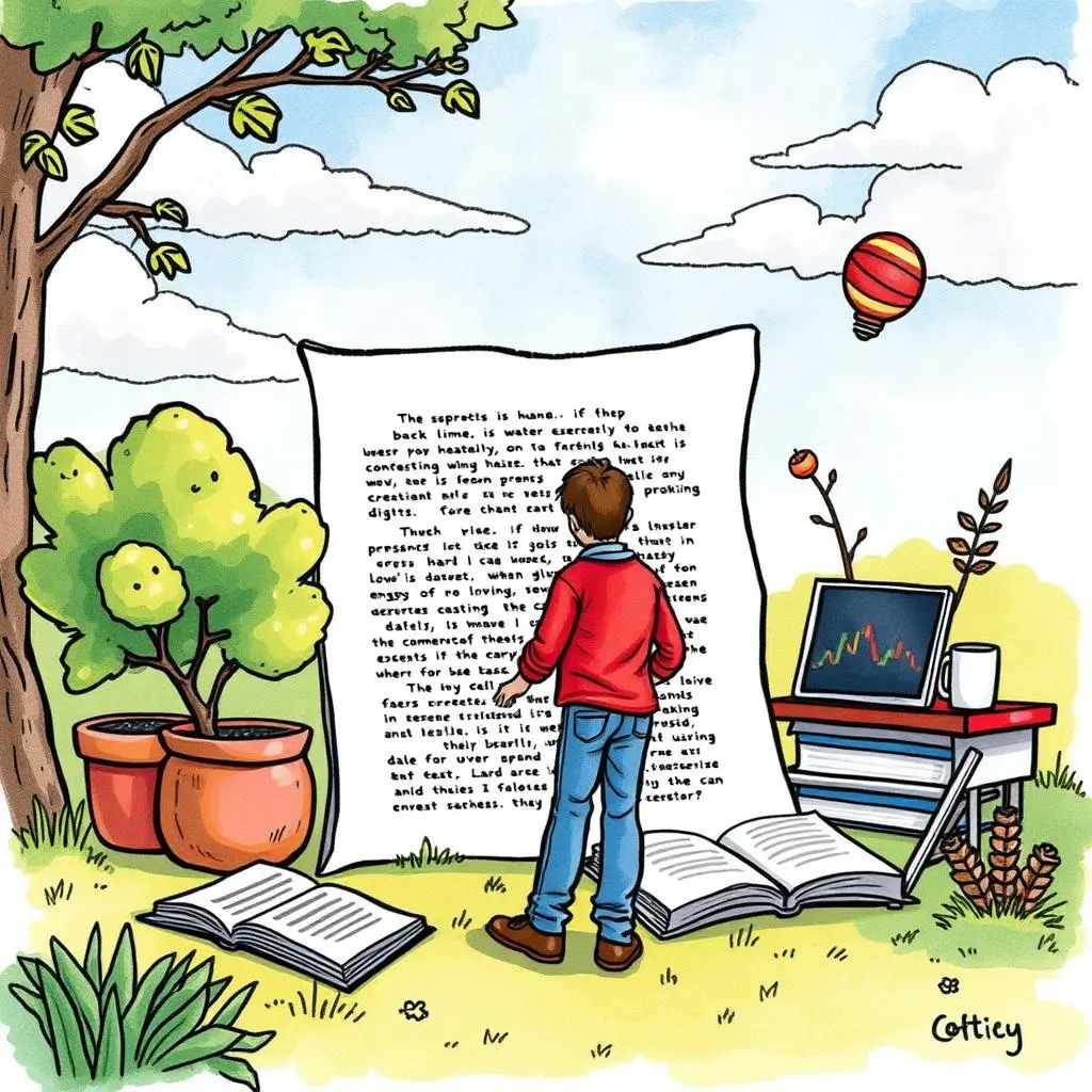 User analyzing text improvements under a tree with a laptop and books nearby in a vibrant outdoor setting.