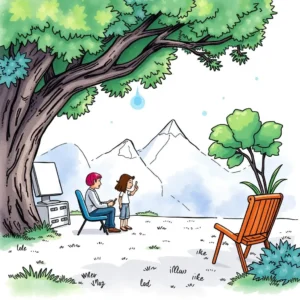 User feedback analysis scene with a designer discussing insights outdoors