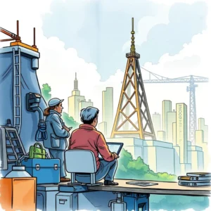 Prototyping engineers analyzing designs at a construction site with a city skyline backdrop.