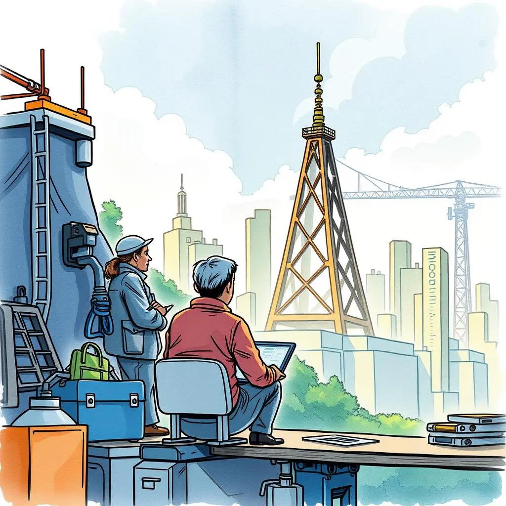 Prototyping concept validator: Validate product concepts with expert insights 1 Prototyping engineers analyzing designs at a construction site with a city skyline backdrop.