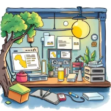 A creative workspace showcasing a desk with tools and a computer for test data generation.